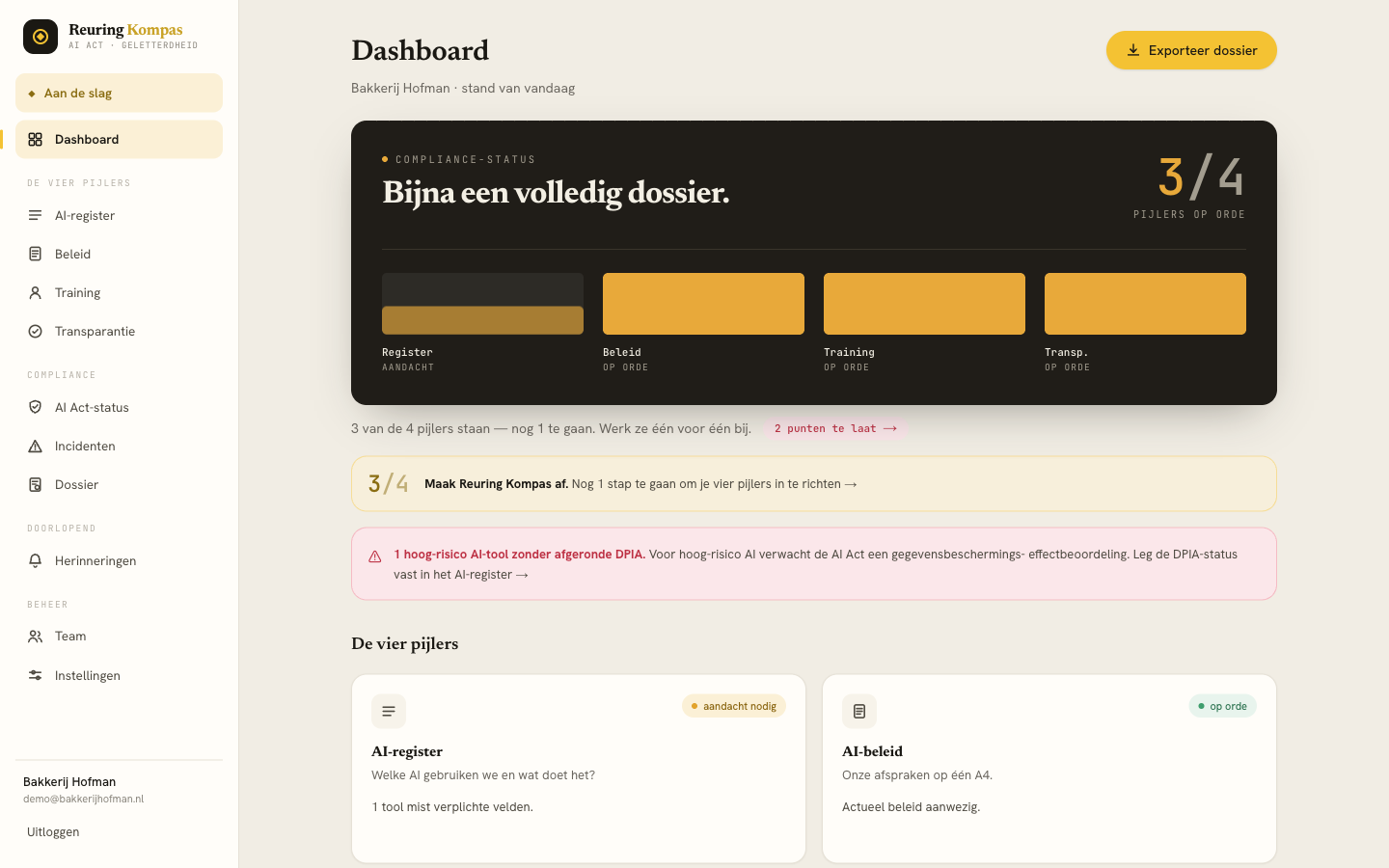 Reuring Kompas dashboard met live compliance-score en de vier pijlers